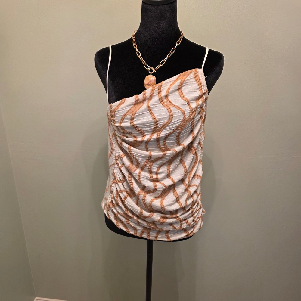 Free People XL Textured Wavy Ruched Asymmetrical Cami Top Tan Cream Sleeveless